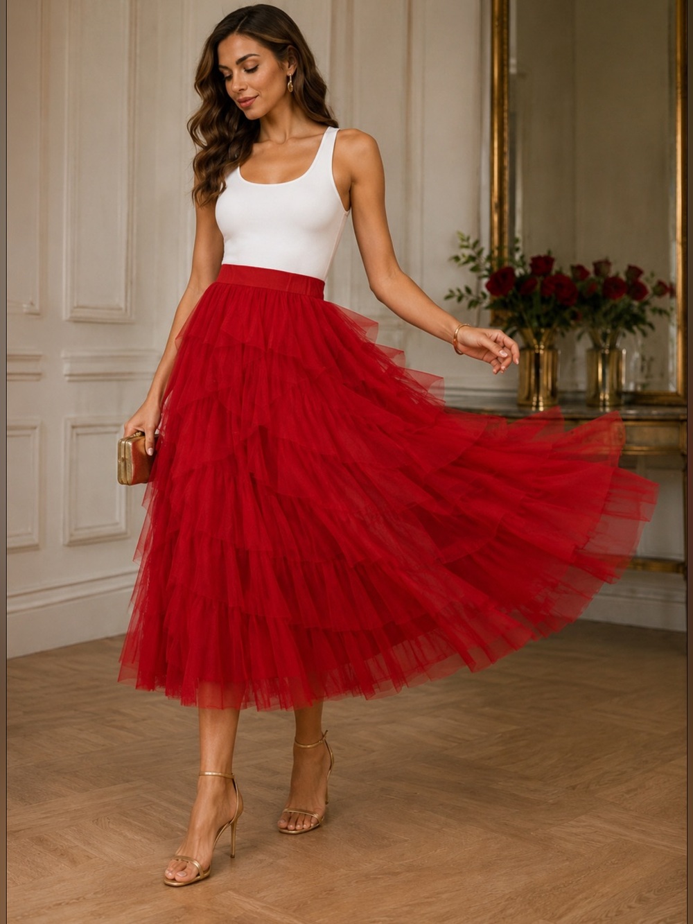 CeCe Red Tiered Tulle Midi Skirt NWT Size Medium